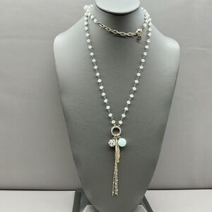 Bella Jack Necklace Gold Tone‎ Blue Beaded Long Leaf Pendant Tassel Boho Jewelry